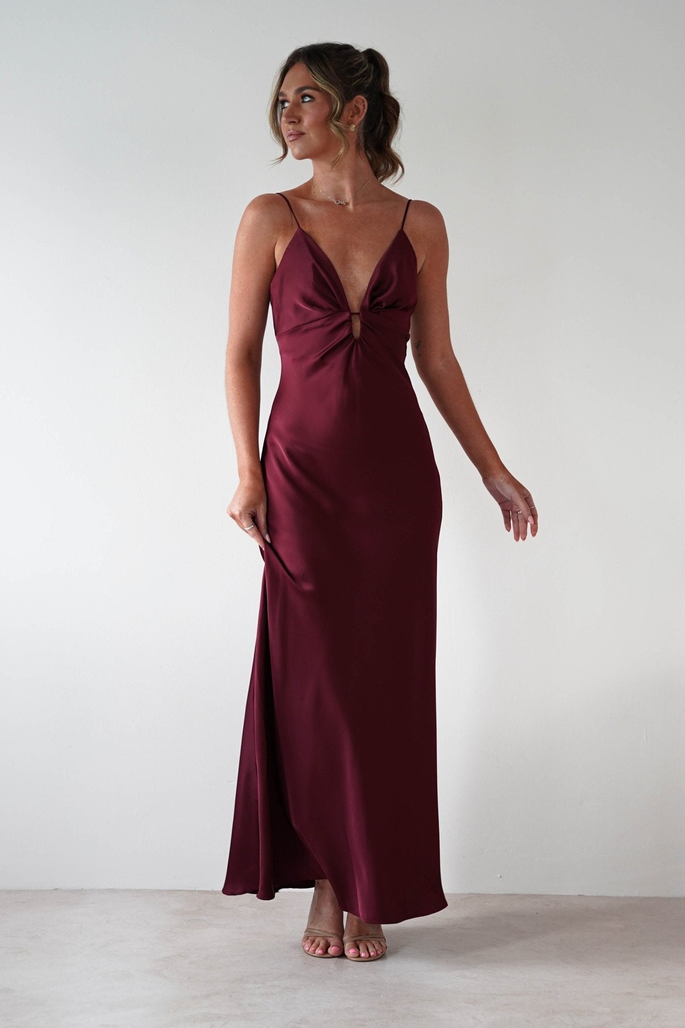 Adley Soft Satin Maxi Dress in burgundy – front view | Velora premium burgundy dresses