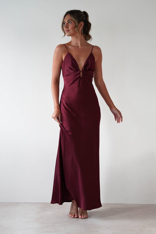 Adley Soft Satin Maxi Dress in burgundy – front view | Velora premium burgundy dresses