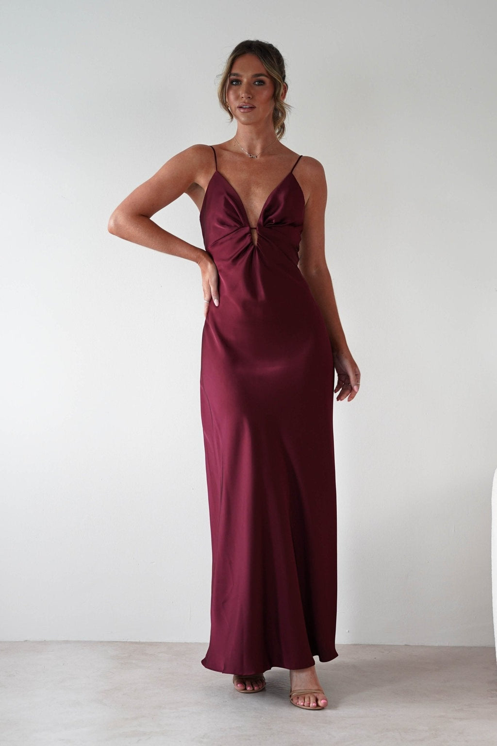 Adley Soft Satin Maxi Dress in burgundy – close-up detail | Velora premium burgundy dresses