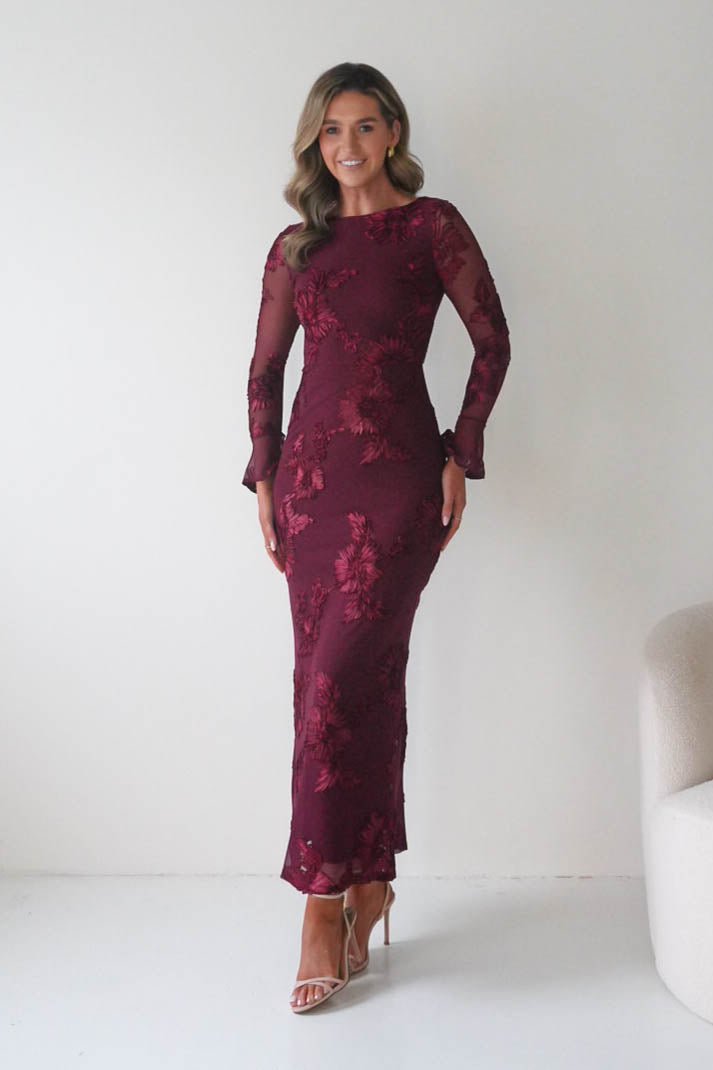 Amelita Long Sleeve Embroidered Maxi Dress in wine – side view | Velora premium burgundy dresses