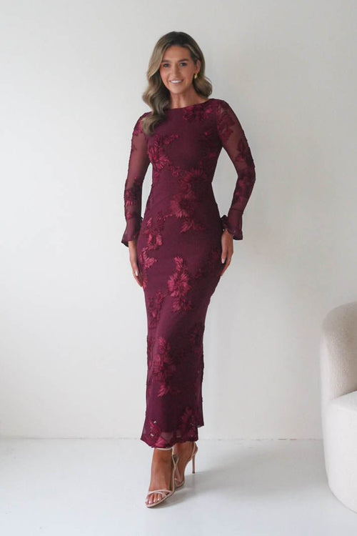 Amelita Long Sleeve Embroidered Maxi Dress in wine – side view | Velora premium burgundy dresses