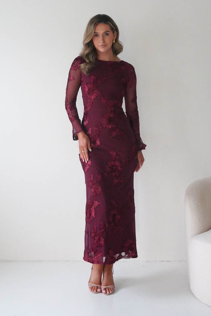 Amelita Long Sleeve Embroidered Maxi Dress in wine – fabric detail | Velora premium burgundy dresses