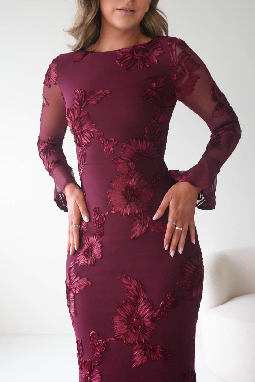 Amelita Long Sleeve Embroidered Maxi Dress in wine – close-up detail | Velora premium burgundy dresses