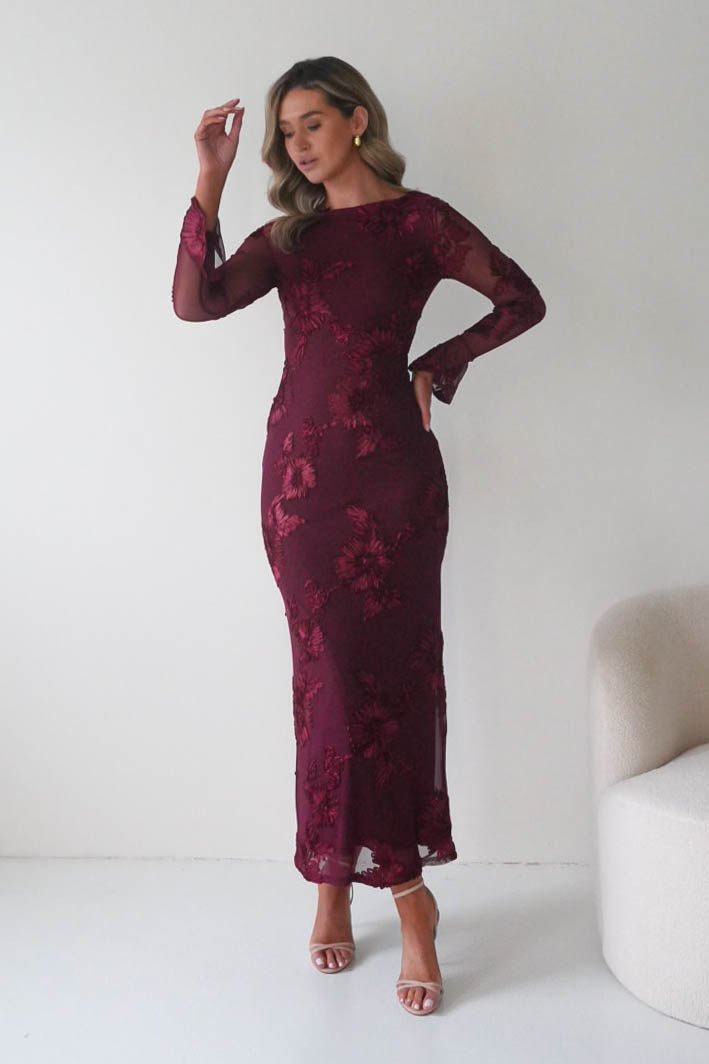 Amelita Long Sleeve Embroidered Maxi Dress in wine – hem detail | Velora premium burgundy dresses