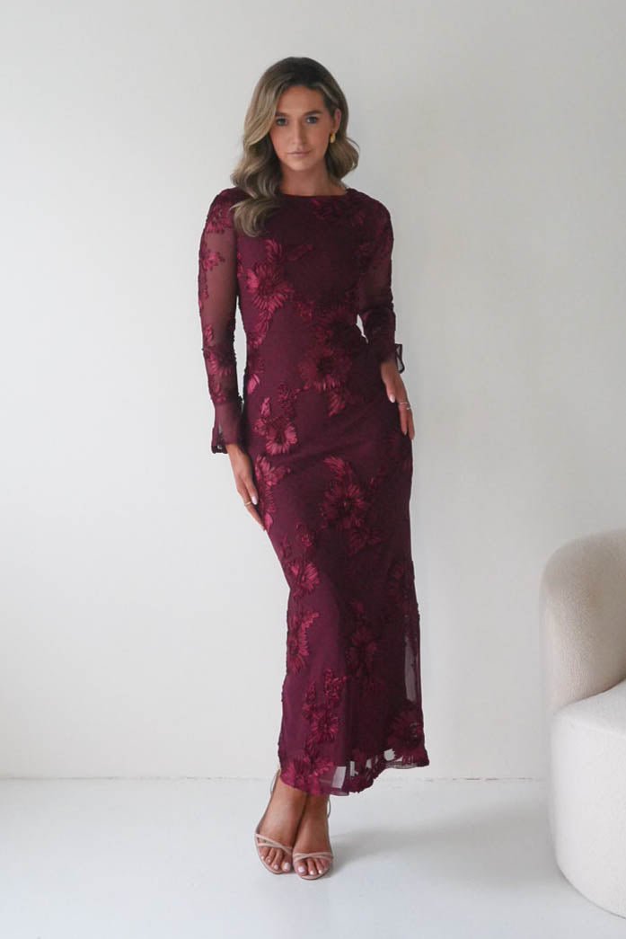 Amelita Long Sleeve Embroidered Maxi Dress in wine – full length view | Velora premium burgundy dresses