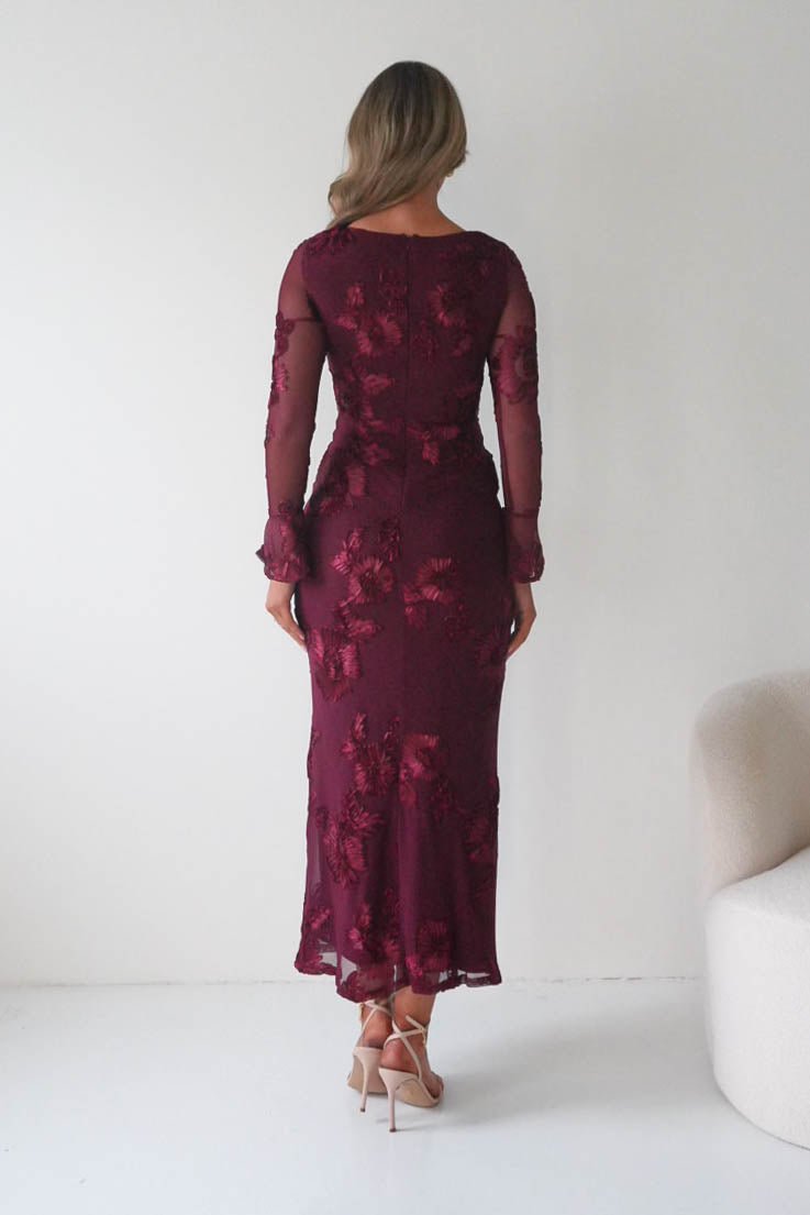 Amelita Long Sleeve Embroidered Maxi Dress in wine – styled with heels | Velora premium burgundy dresses