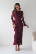 Amelita Long Sleeve Embroidered Maxi Dress in wine – front view | Velora premium burgundy dresses
