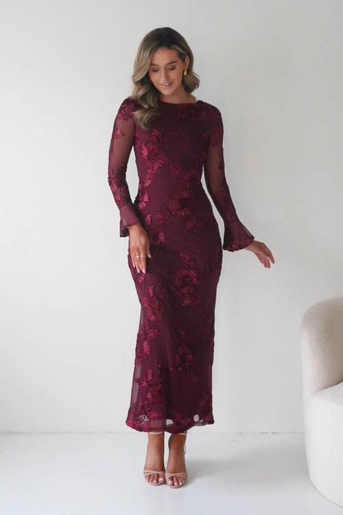 Amelita Long Sleeve Embroidered Maxi Dress in wine – front view | Velora premium burgundy dresses