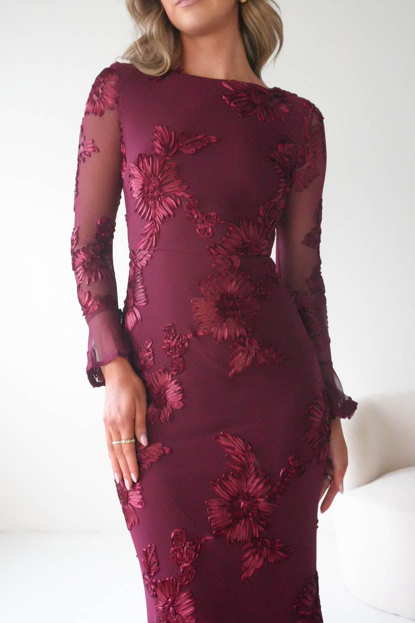 Amelita Long Sleeve Embroidered Maxi Dress in wine – back view | Velora premium burgundy dresses