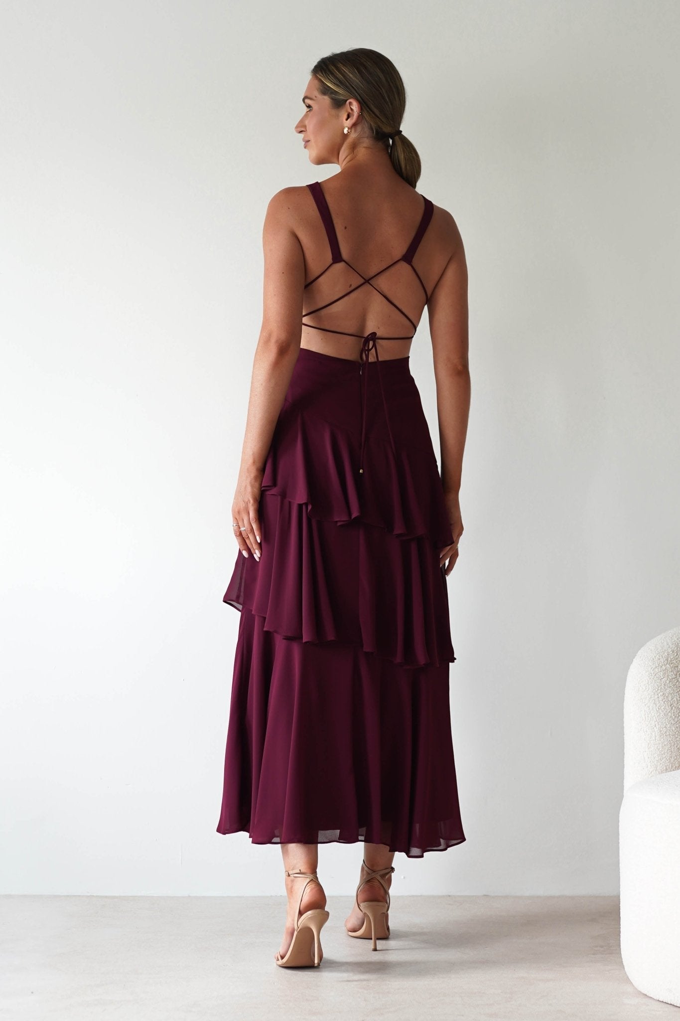 Andalusia Ruffle Maxi Dress in wine – neckline detail | Velora premium burgundy dresses
