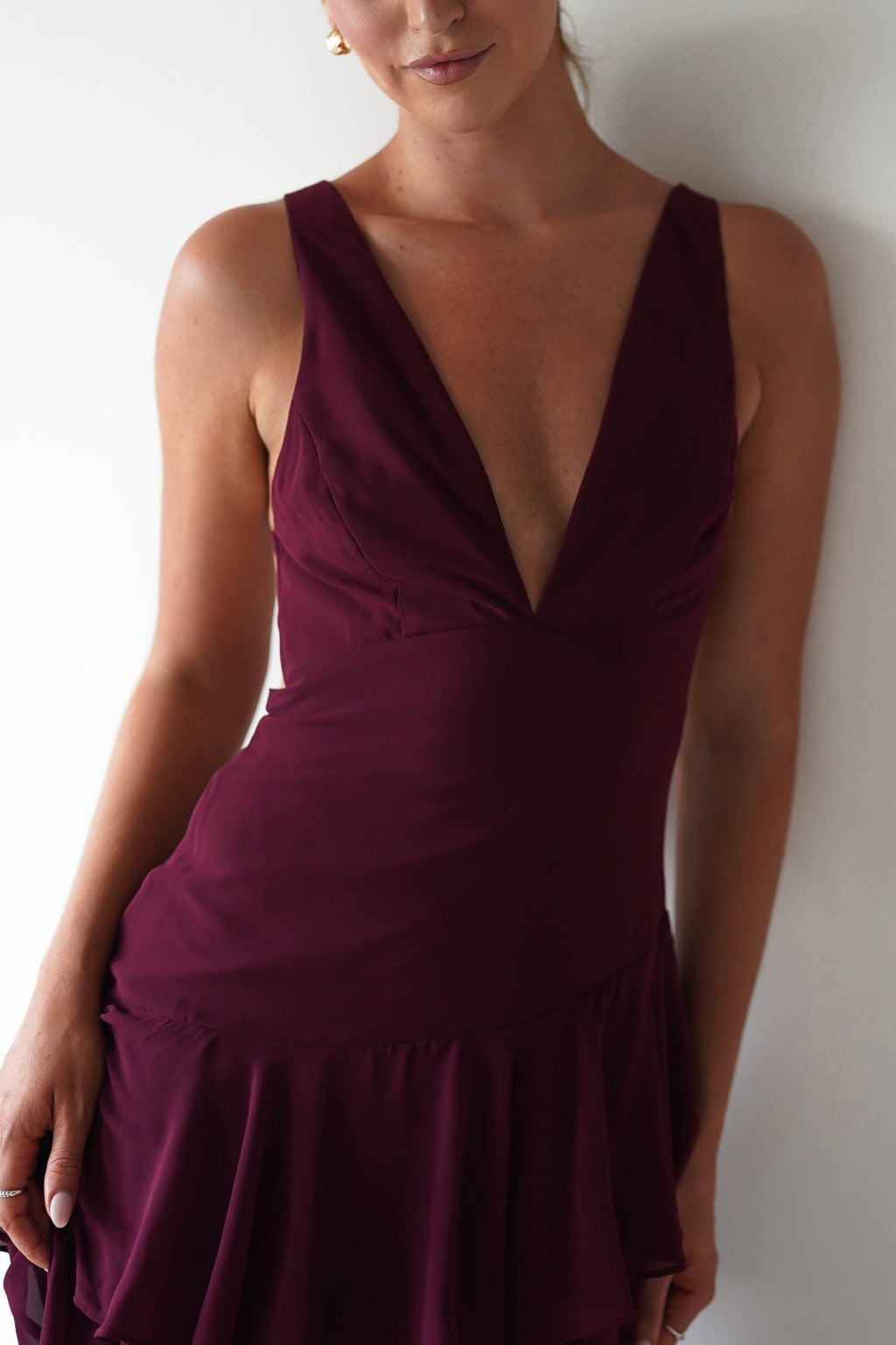 Andalusia Ruffle Maxi Dress in wine – fabric detail | Velora premium burgundy dresses