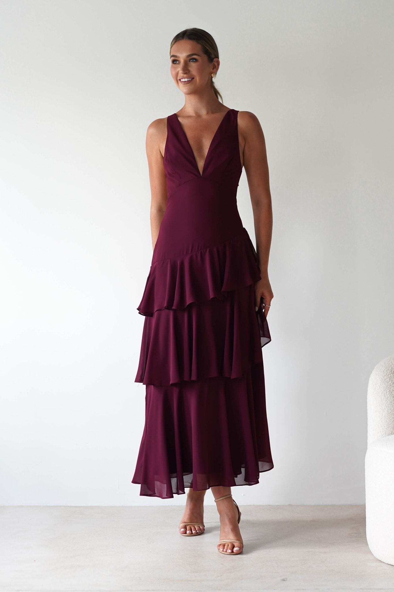 Andalusia Ruffle Maxi Dress in wine – side view | Velora premium burgundy dresses