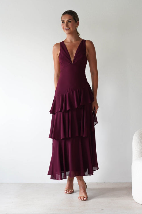 Andalusia Ruffle Maxi Dress in wine – side view | Velora premium burgundy dresses