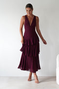Andalusia Ruffle Maxi Dress in wine – front view | Velora premium burgundy dresses