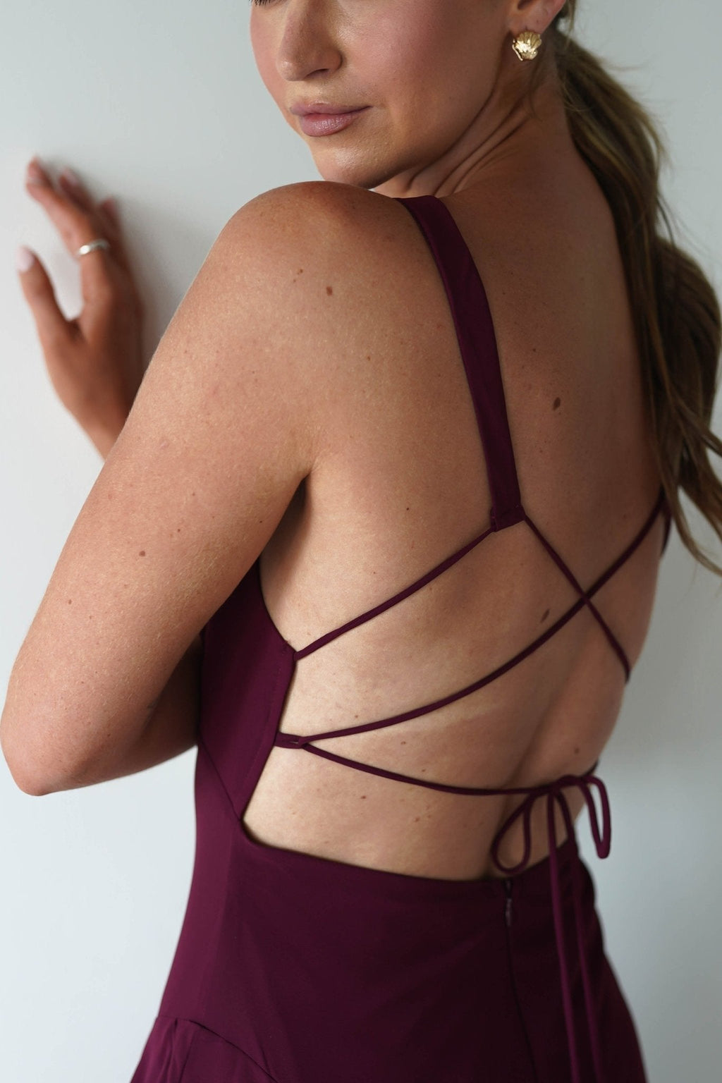 Andalusia Ruffle Maxi Dress in wine – full length view | Velora premium burgundy dresses