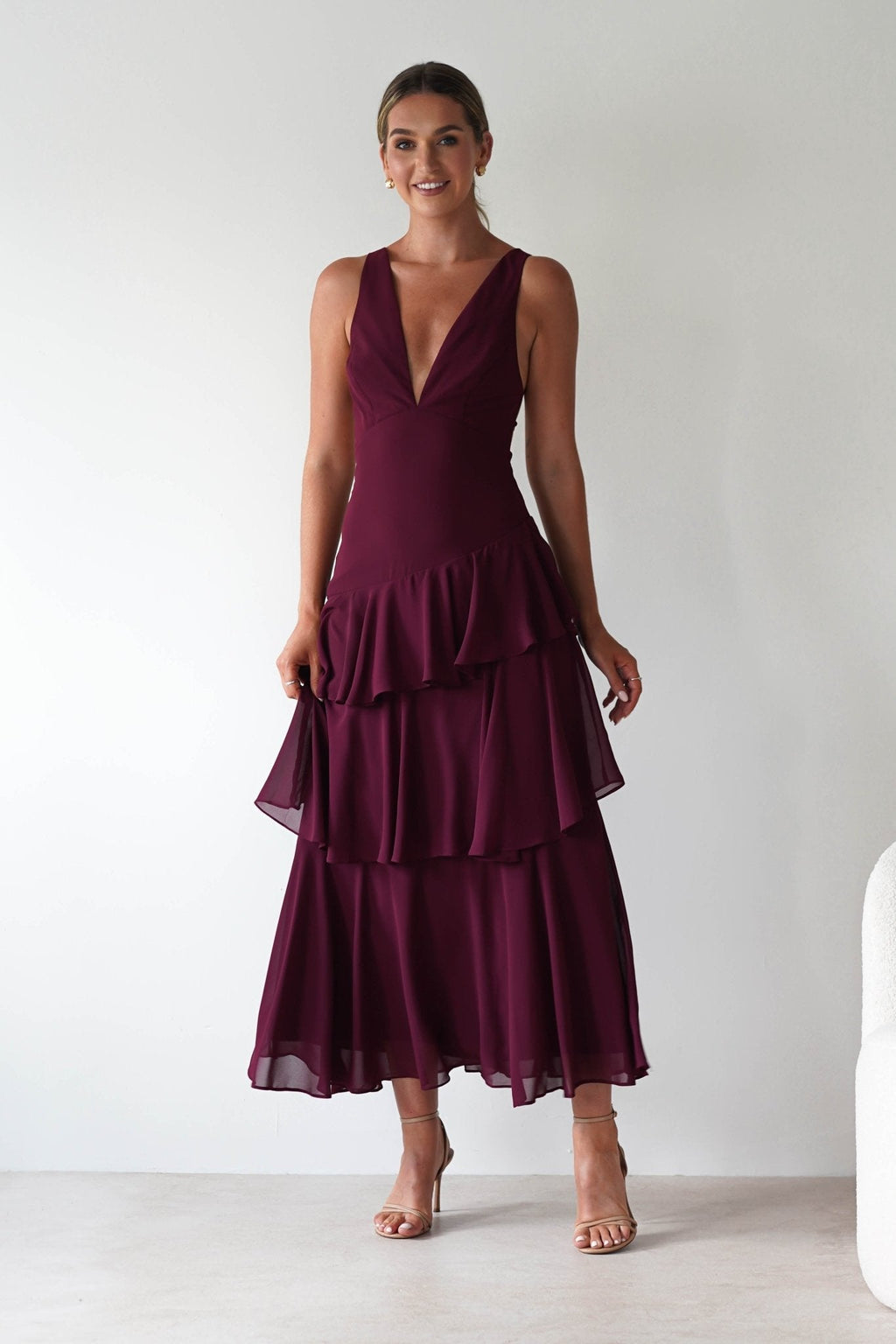 Andalusia Ruffle Maxi Dress in wine – three-quarter view | Velora premium burgundy dresses