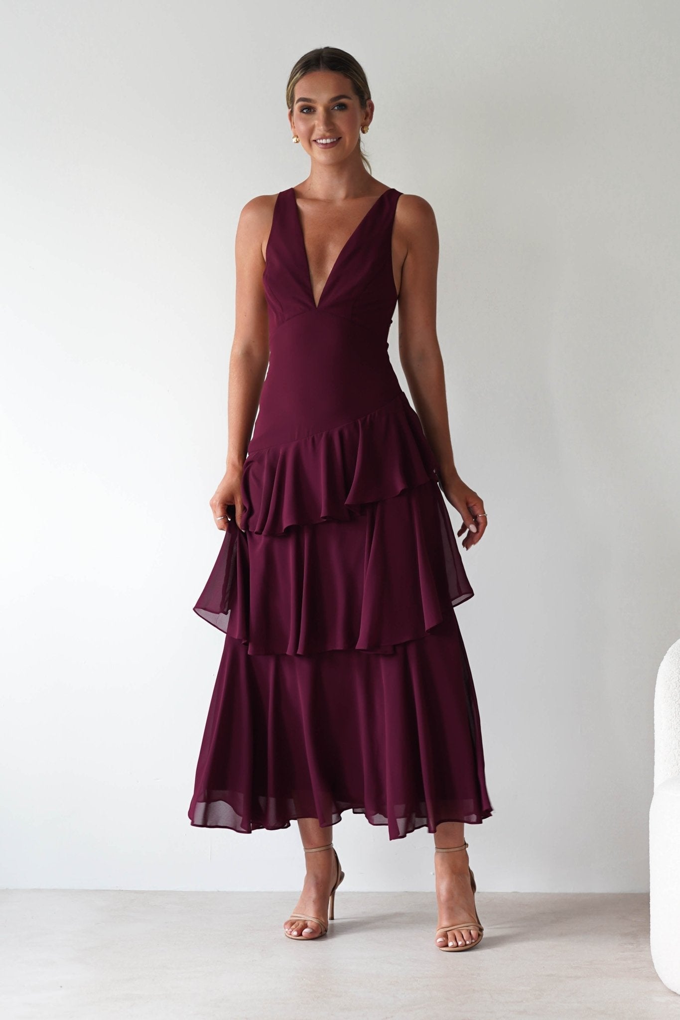 Andalusia Ruffle Maxi Dress in wine – three-quarter view | Velora premium burgundy dresses