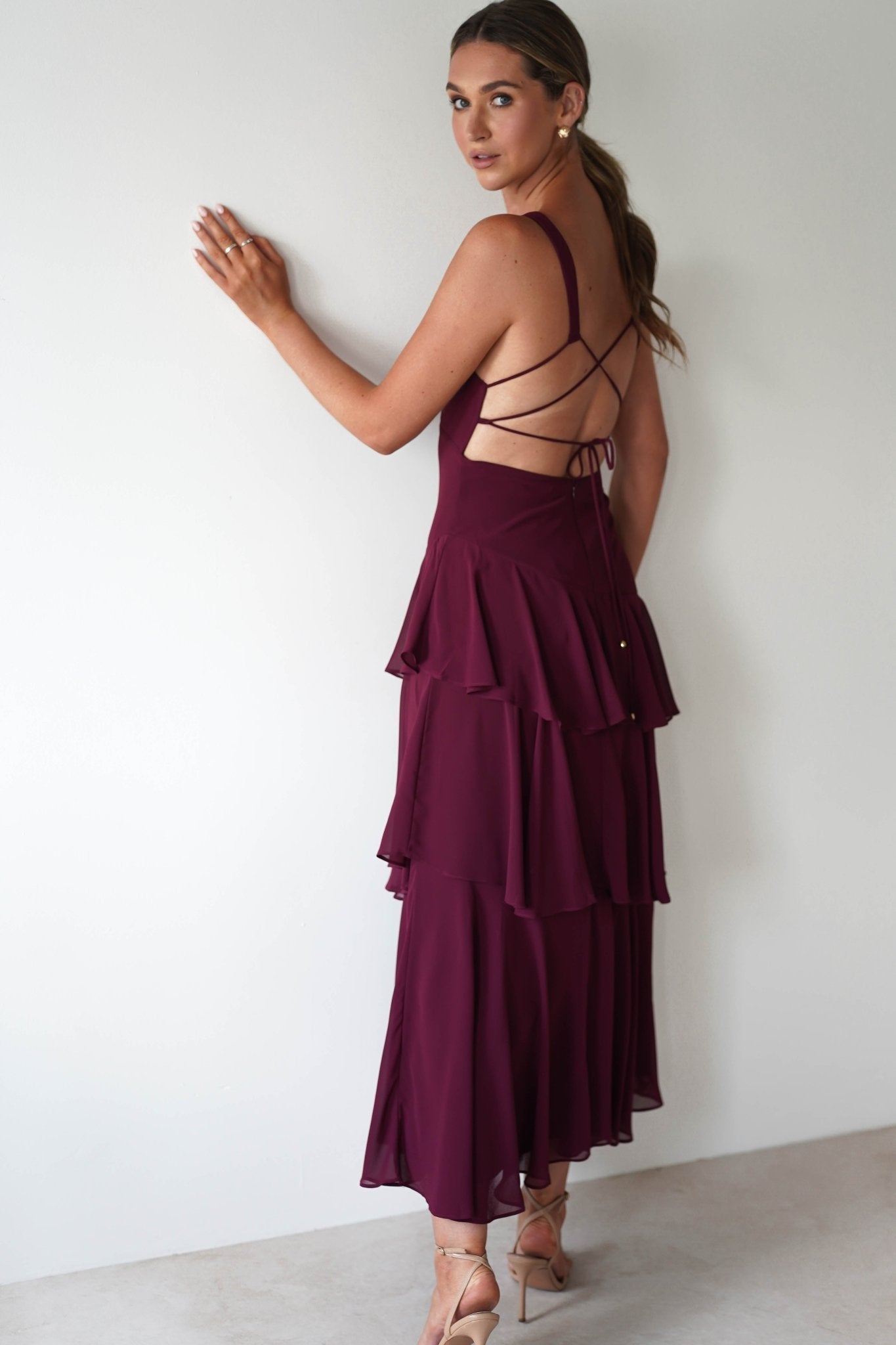 Andalusia Ruffle Maxi Dress in wine – back view | Velora premium burgundy dresses
