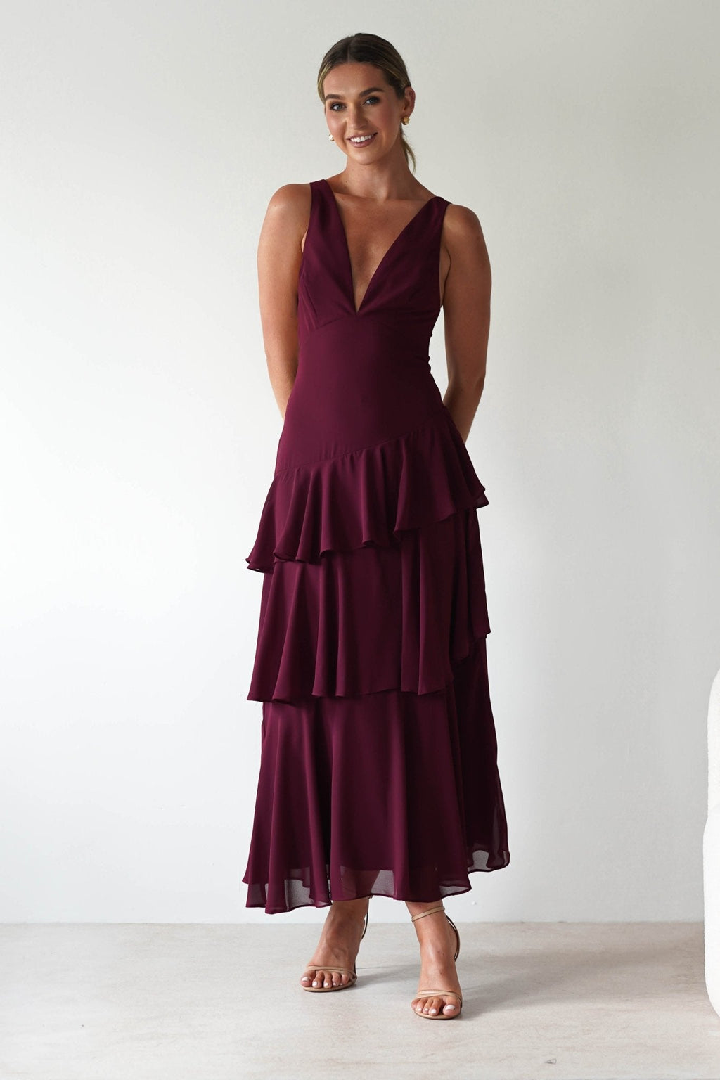 Andalusia Ruffle Maxi Dress in wine – hem detail | Velora premium burgundy dresses