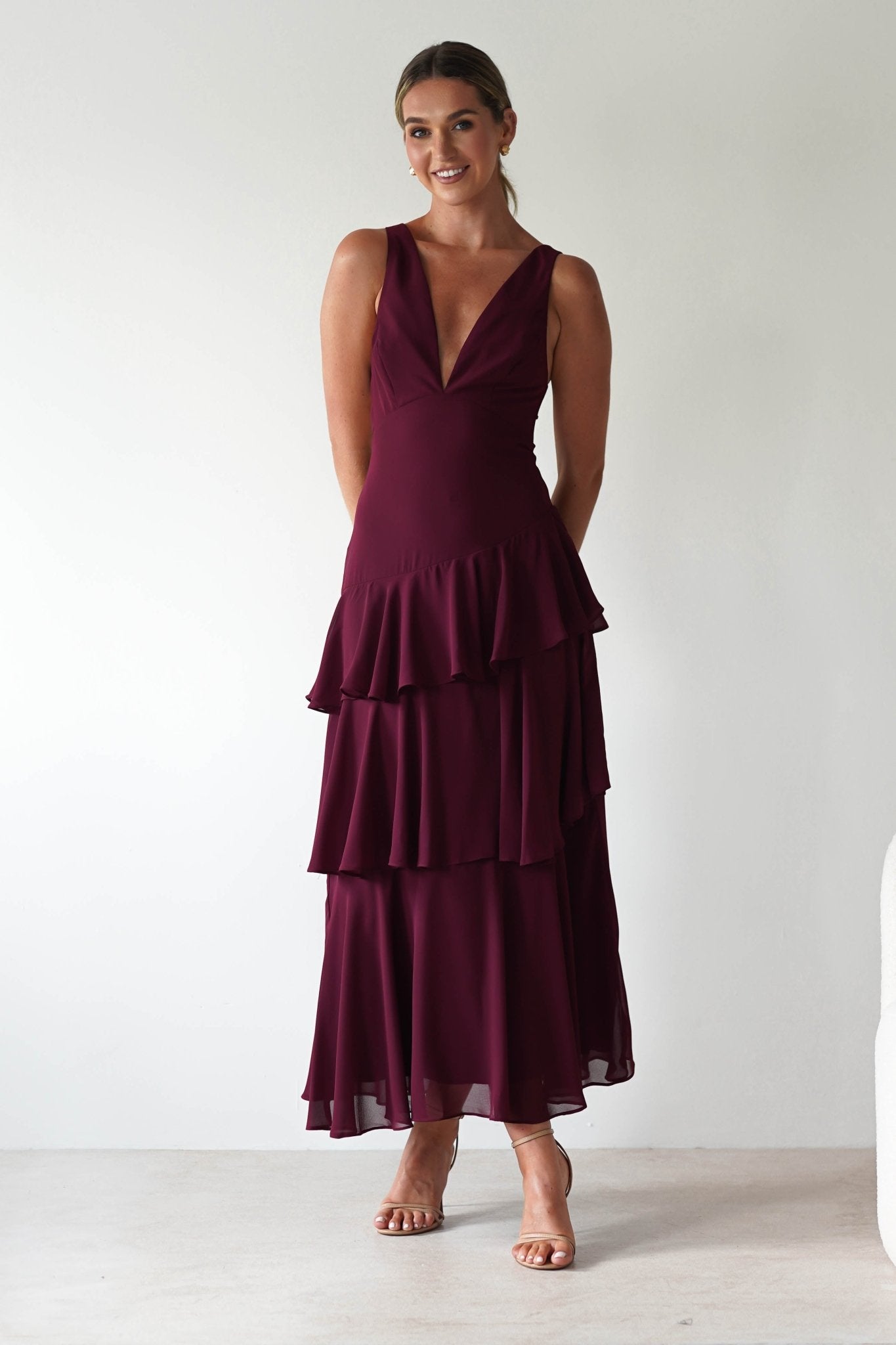 Andalusia Ruffle Maxi Dress in wine – hem detail | Velora premium burgundy dresses