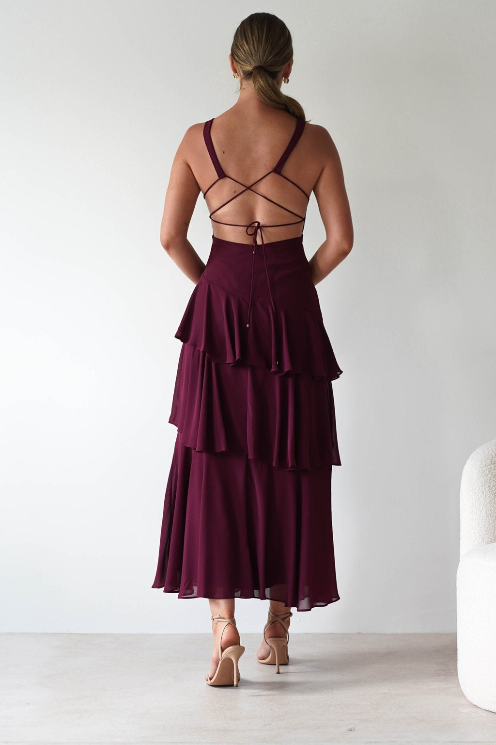 Andalusia Ruffle Maxi Dress in wine – styled with heels | Velora premium burgundy dresses
