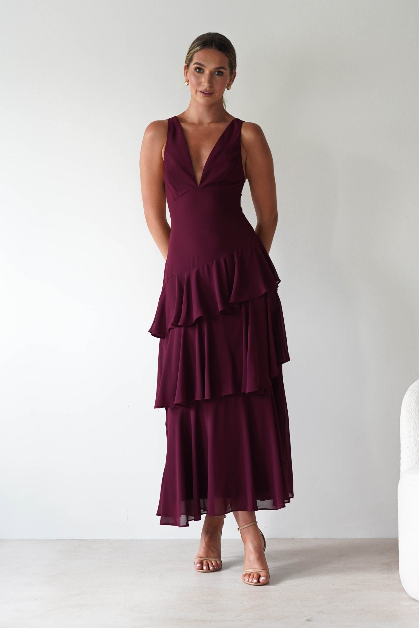 Andalusia Ruffle Maxi Dress in wine – close-up detail | Velora premium burgundy dresses