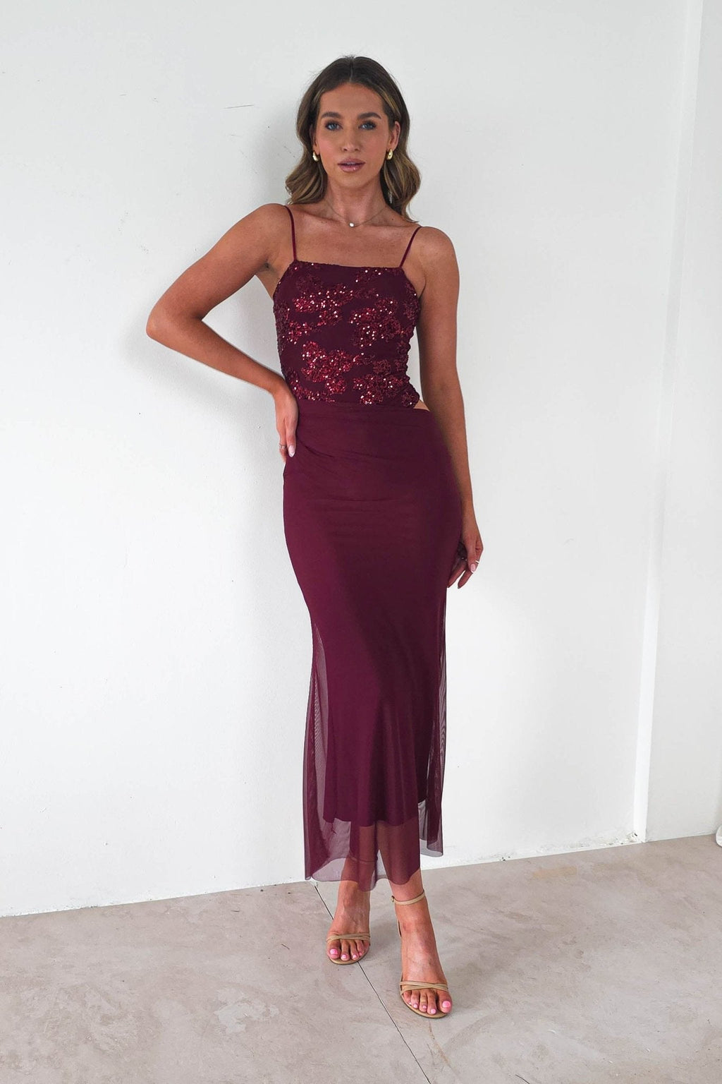 Angela Sequin Appliqué Mesh Maxi Dress in wine – fabric detail | Velora premium burgundy dresses