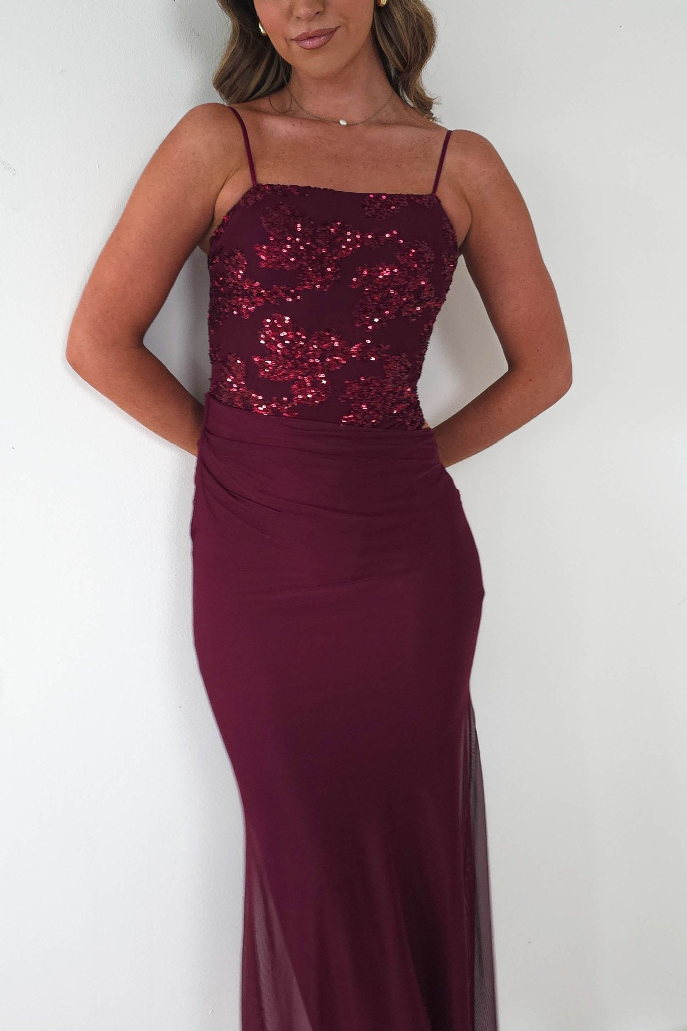 Angela Sequin Appliqué Mesh Maxi Dress in wine – side view | Velora premium burgundy dresses