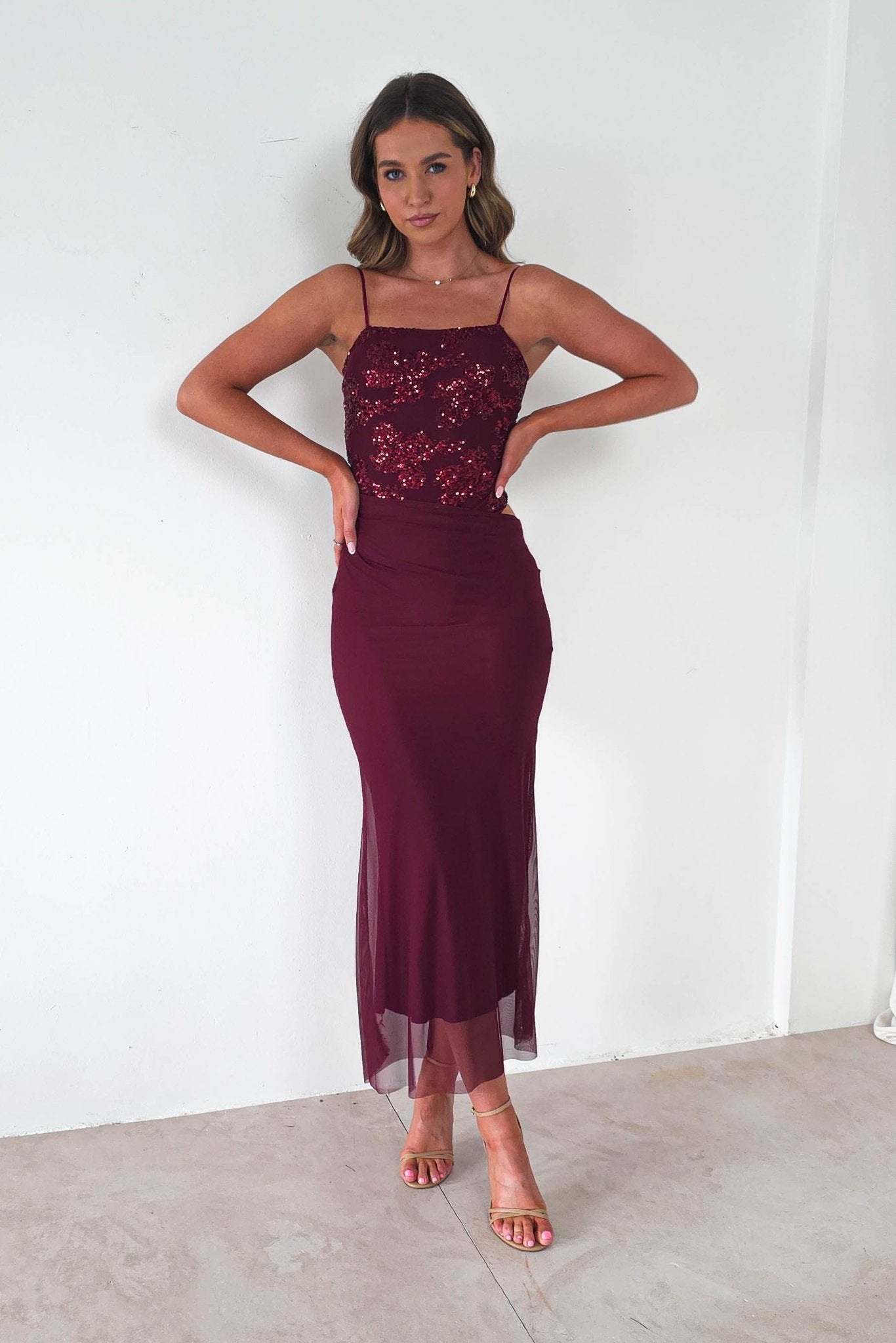 Angela Sequin Appliqué Mesh Maxi Dress in wine – back view | Velora premium burgundy dresses