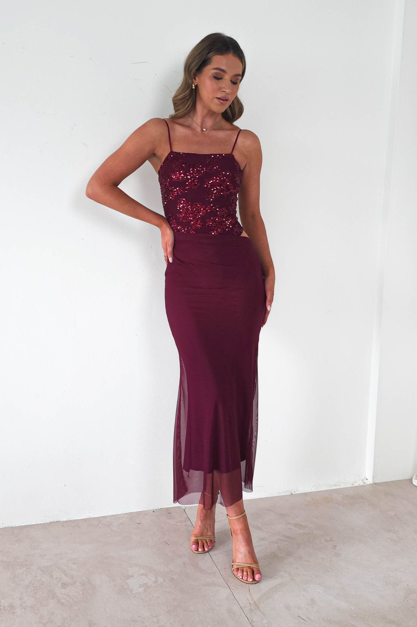 Angela Sequin Appliqué Mesh Maxi Dress in wine – close-up detail | Velora premium burgundy dresses