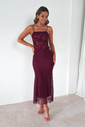 Angela Sequin Appliqué Mesh Maxi Dress in wine – front view | Velora premium burgundy dresses