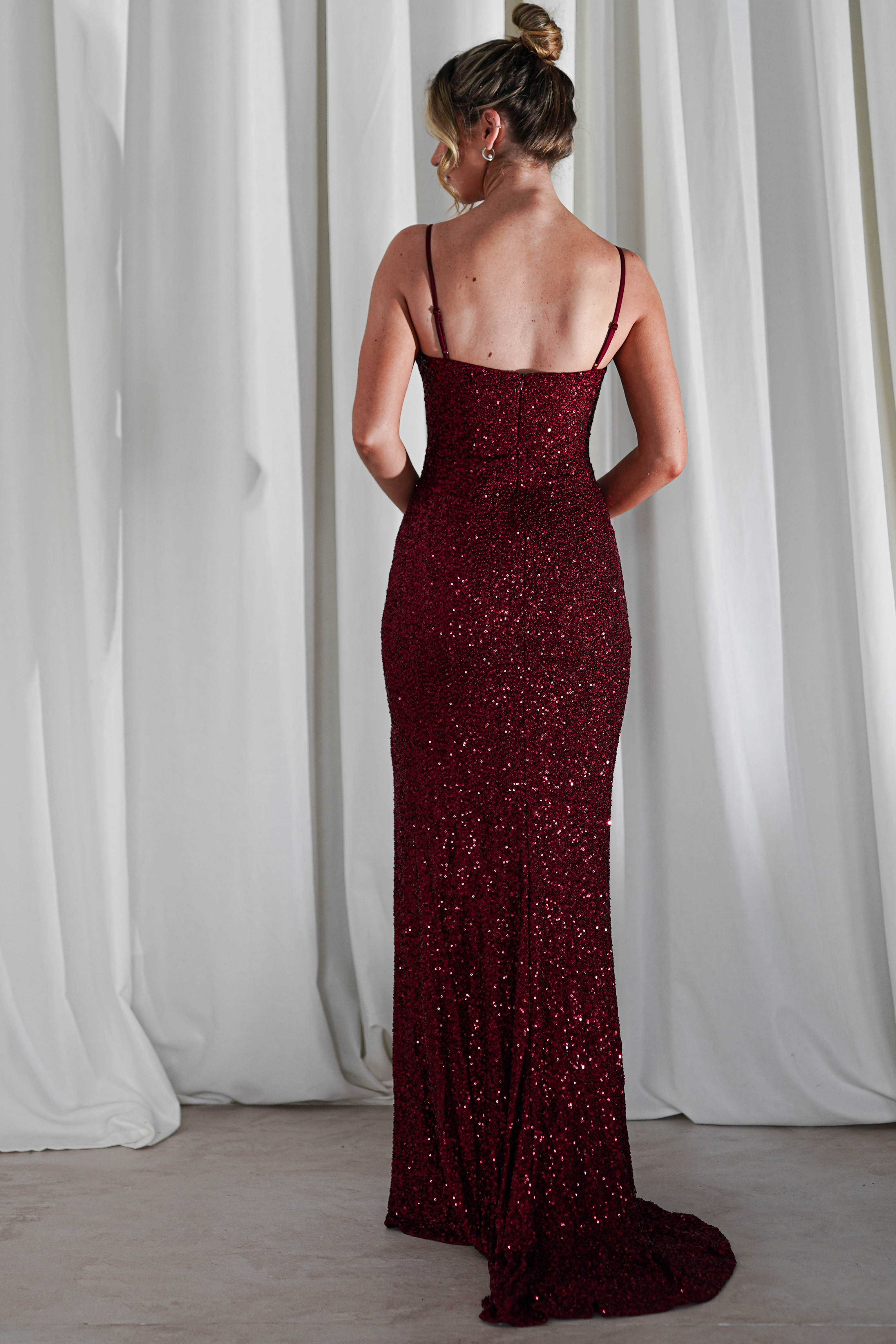 Audrina Bodycon Sequin Gown in burgundy – fabric detail | Velora premium burgundy dresses