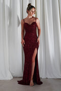 Audrina Bodycon Sequin Gown in burgundy – front view | Velora premium burgundy dresses