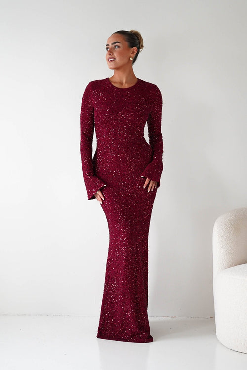 Bertina Long Sleeve Sequin Maxi Gown in burgundy – front view | Velora premium burgundy dresses
