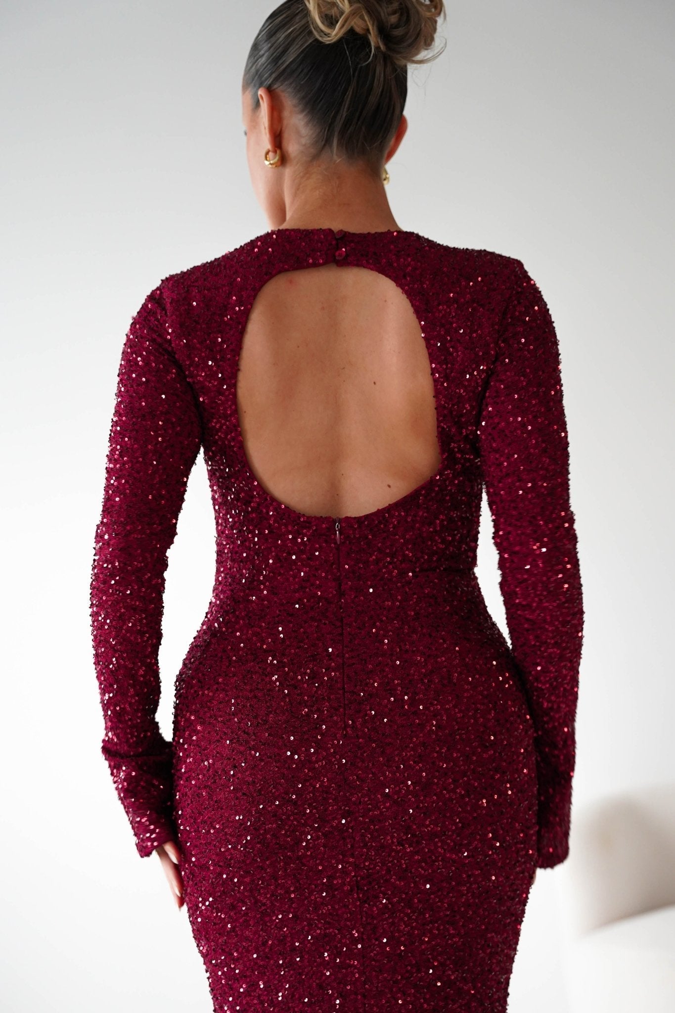 Bertina Long Sleeve Sequin Maxi Gown in burgundy – back view | Velora premium burgundy dresses