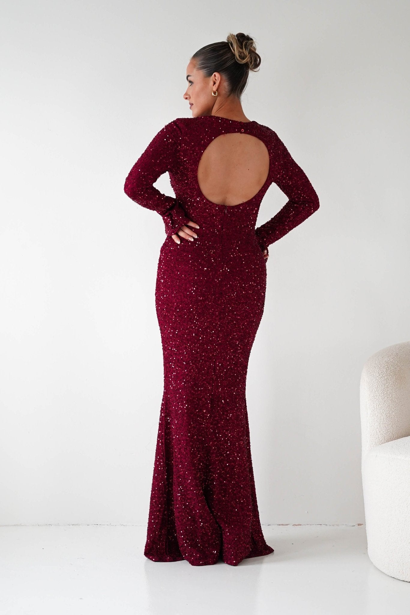 Bertina Long Sleeve Sequin Maxi Gown in burgundy – side view | Velora premium burgundy dresses