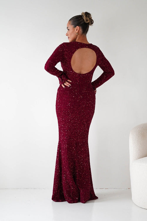 Bertina Long Sleeve Sequin Maxi Gown in burgundy – side view | Velora premium burgundy dresses
