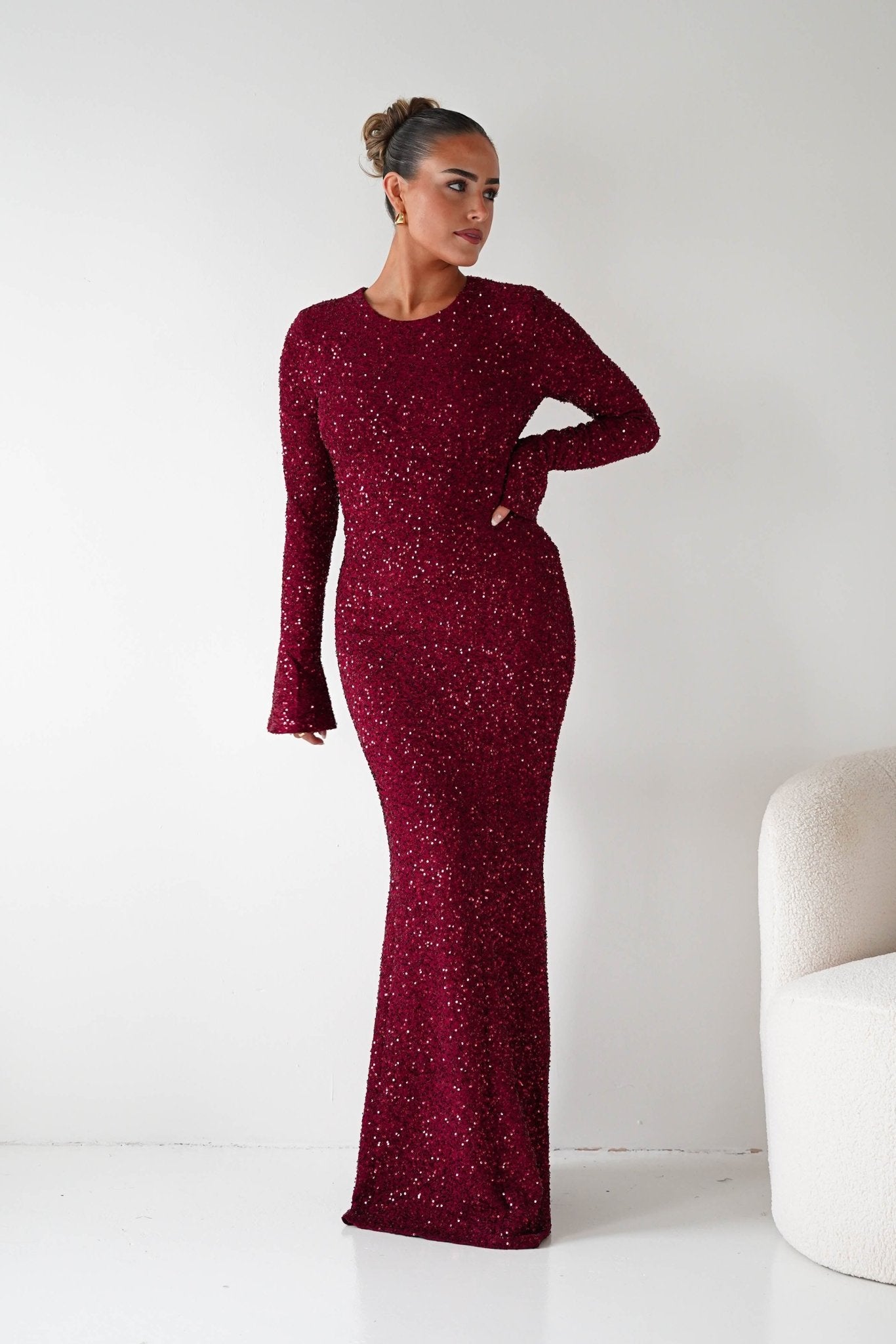 Bertina Long Sleeve Sequin Maxi Gown in burgundy – full length view | Velora premium burgundy dresses