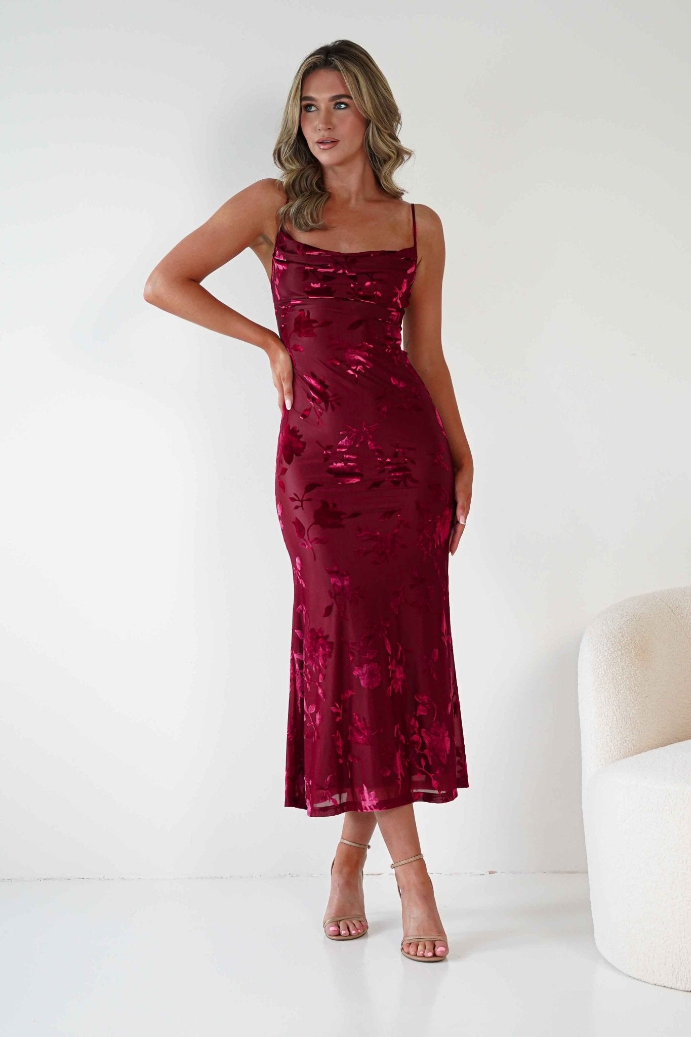 Dahlia Floral Jacquard Maxi Dress in wine – neckline detail | Velora premium burgundy dresses