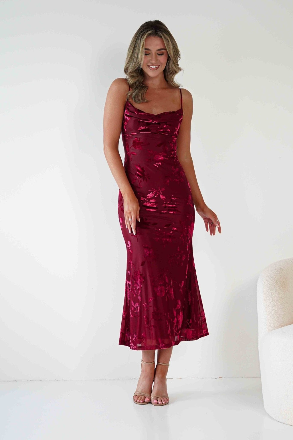 Dahlia Floral Jacquard Maxi Dress in wine – hem detail | Velora premium burgundy dresses