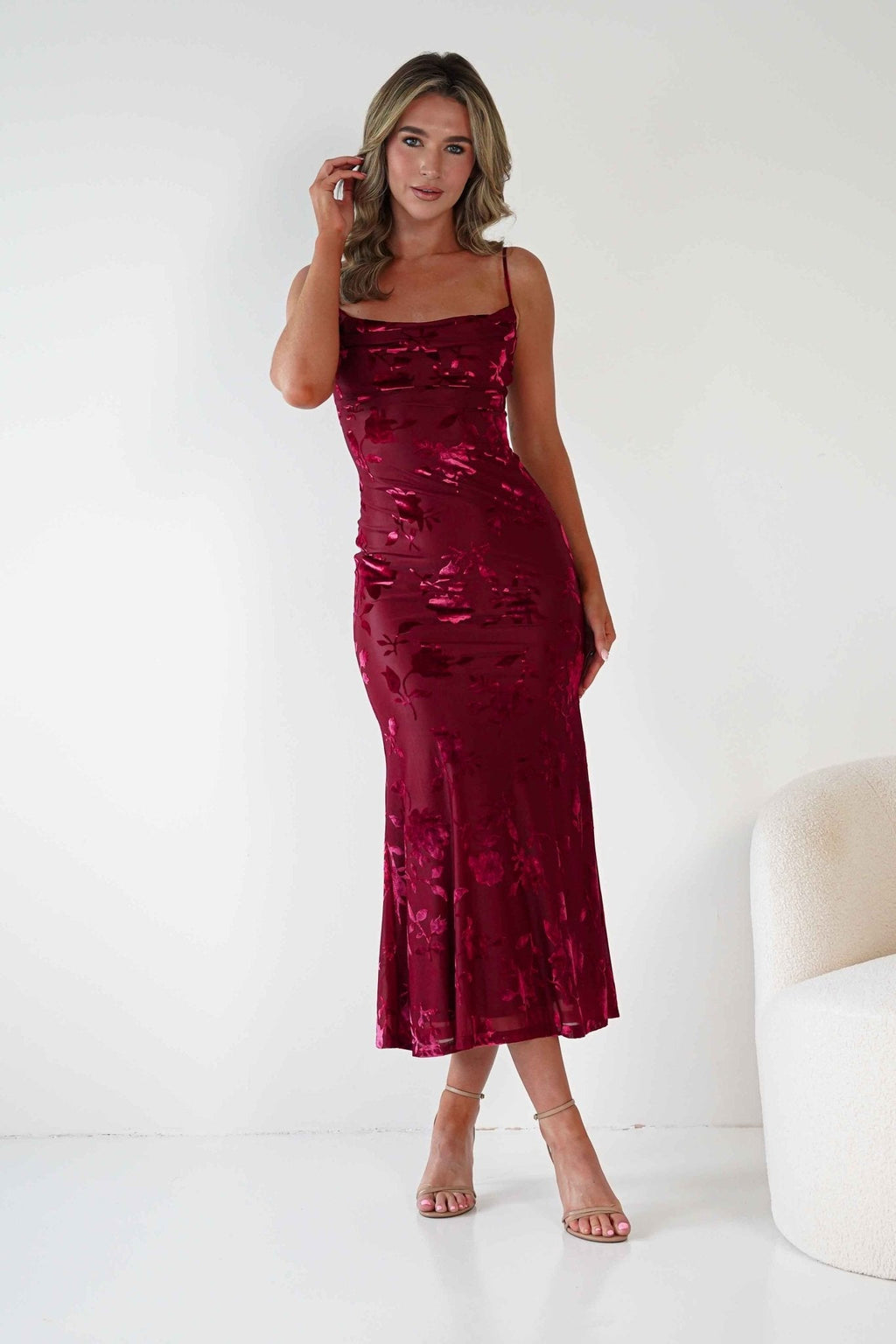 Dahlia Floral Jacquard Maxi Dress in wine – fabric detail | Velora premium burgundy dresses