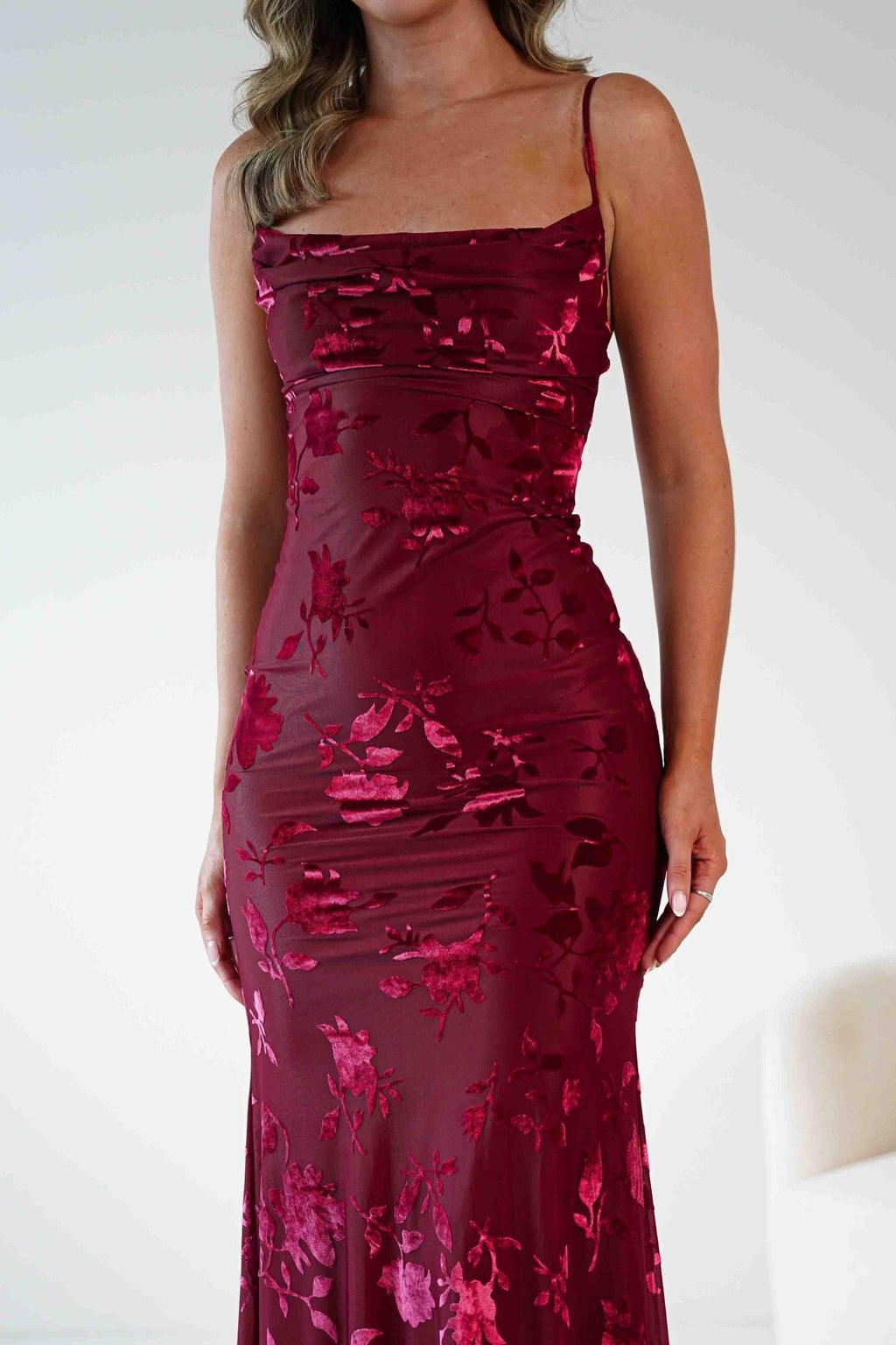 Dahlia Floral Jacquard Maxi Dress in wine – close-up detail | Velora premium burgundy dresses