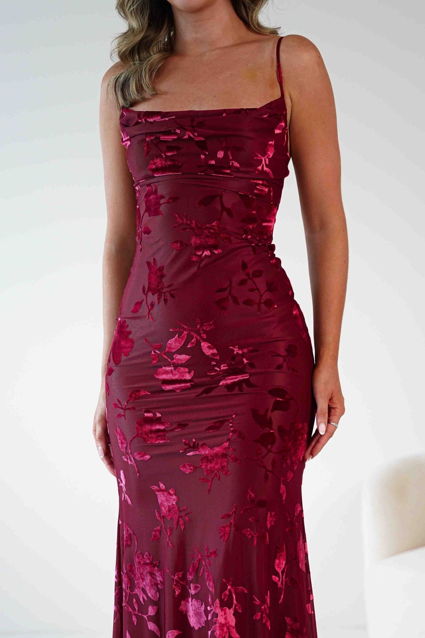 Dahlia Floral Jacquard Maxi Dress in wine – close-up detail | Velora premium burgundy dresses