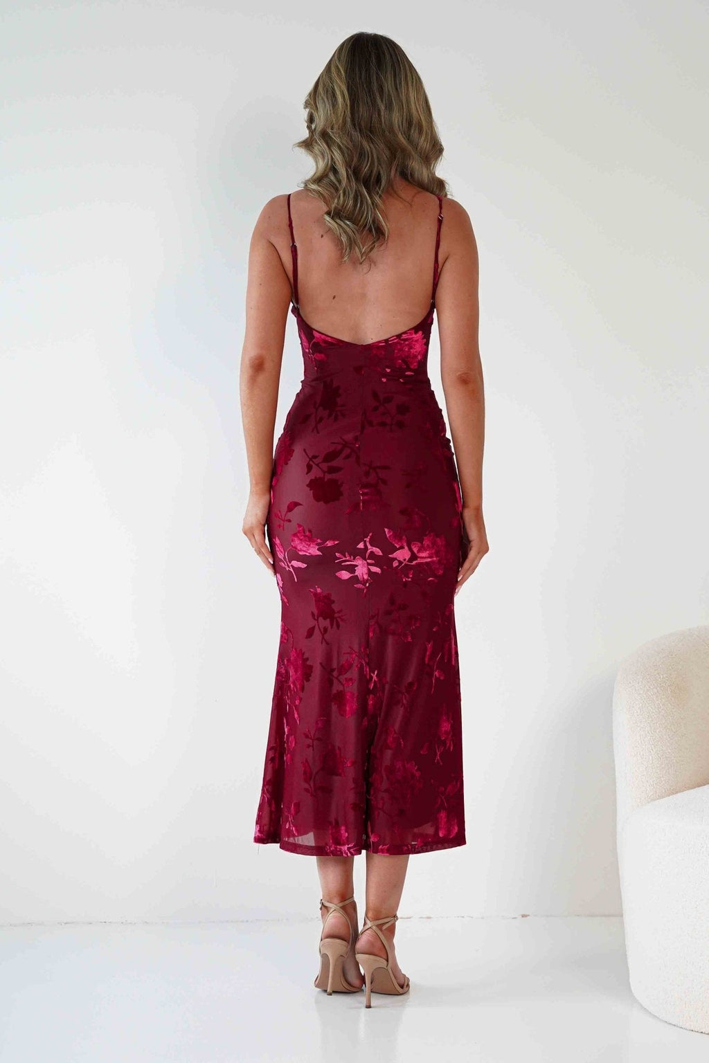 Dahlia Floral Jacquard Maxi Dress in wine – back view | Velora premium burgundy dresses
