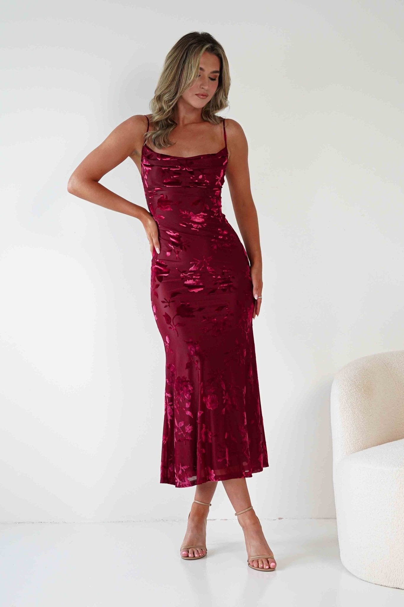 Dahlia Floral Jacquard Maxi Dress in wine – side view | Velora premium burgundy dresses