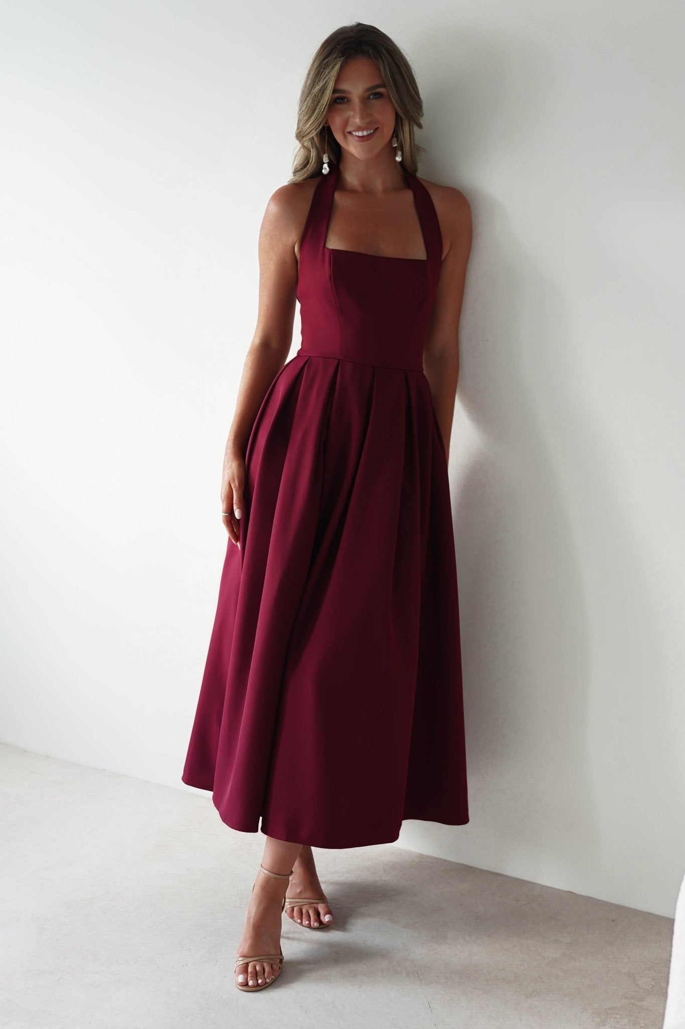 Daria Halter Neck Midi Dress in wine – full length view | Velora premium burgundy dresses