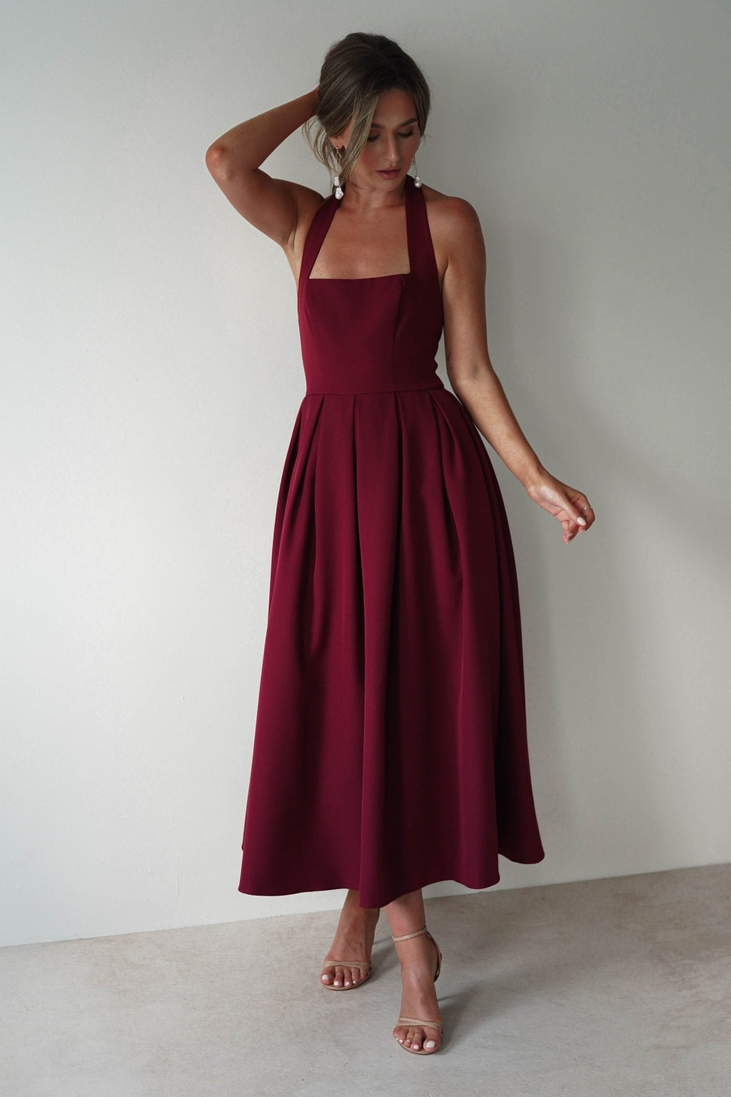 Daria Halter Neck Midi Dress in wine – close-up detail | Velora premium burgundy dresses