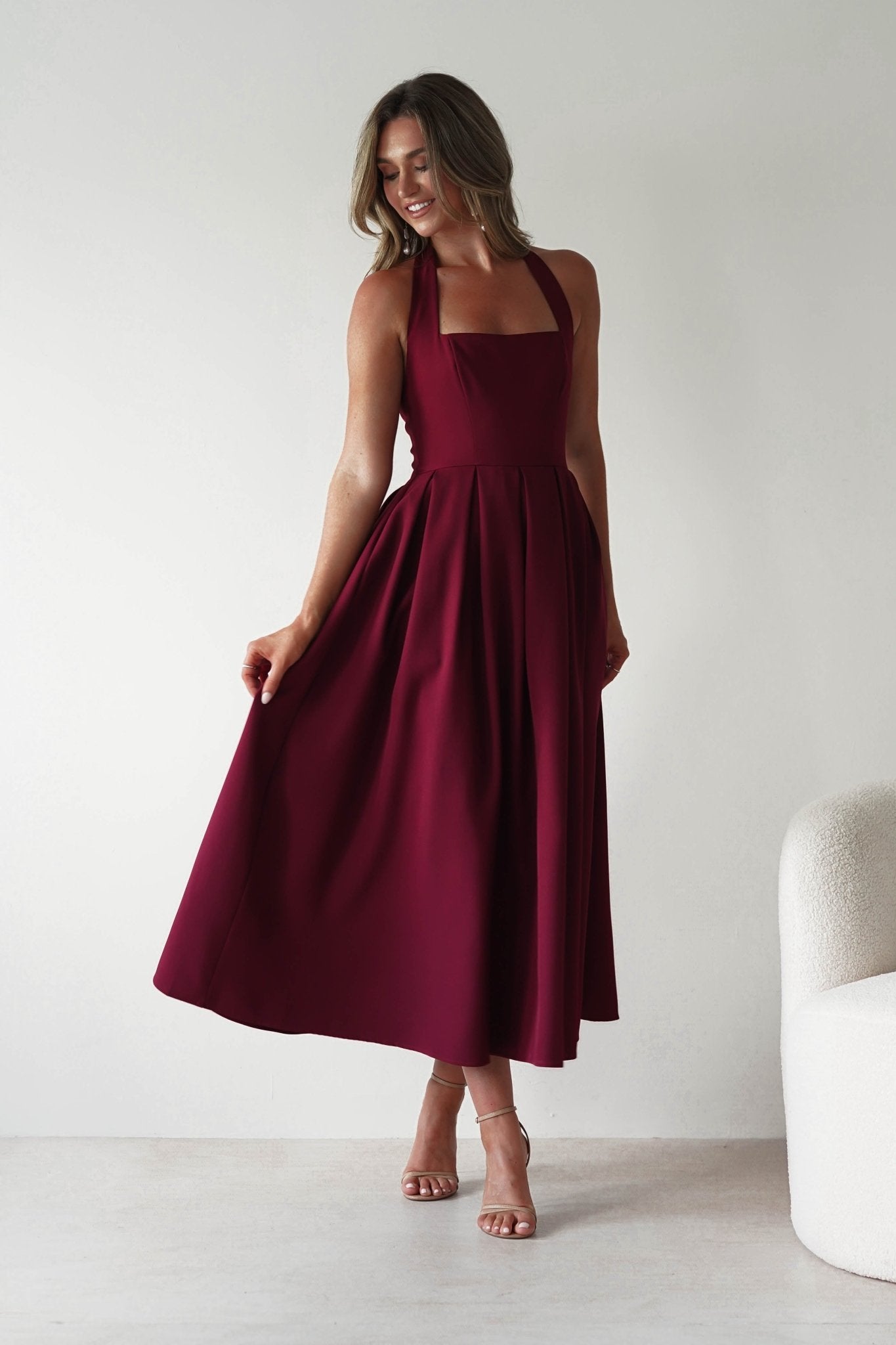 Daria Halter Neck Midi Dress in wine – fabric detail | Velora premium burgundy dresses