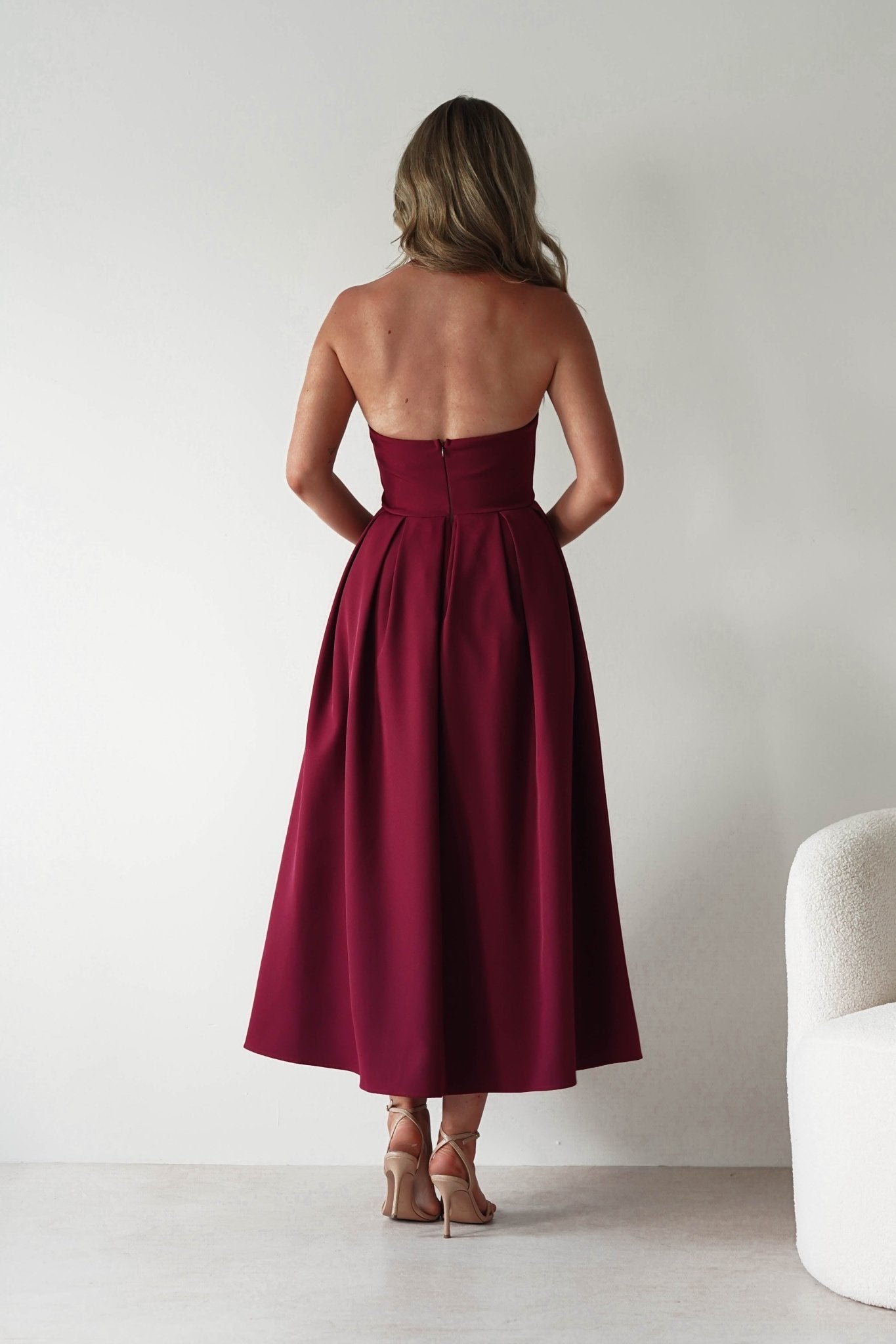 Daria Halter Neck Midi Dress in wine – back view | Velora premium burgundy dresses