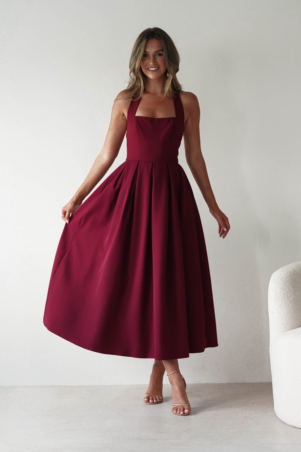 Daria Halter Neck Midi Dress in wine – side view | Velora premium burgundy dresses
